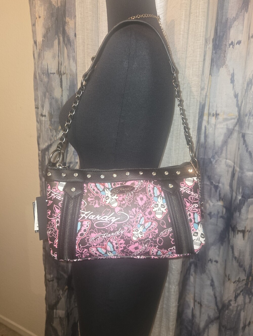 Ed Hardy Pink Skull Print Shoulder Bag